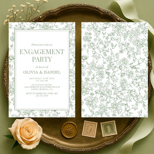 Sage Green Vintage French Floral Engagement Party 招待状