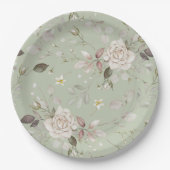 Sage Green Vintage Rose Floral Dinner ペーパープレート (正面)