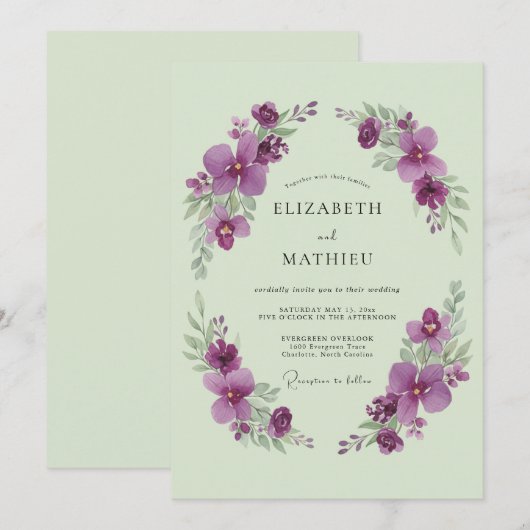 Sage Green Violet Romantic Spring Wedding 招待状 (正面/裏面)