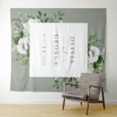 Sage Green Waterカラーフローラフォトブース背景 タペストリー (インサイチュ(横))