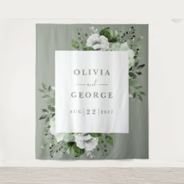 Sage Green Waterカラーフローラフォトブース背景 タペストリー