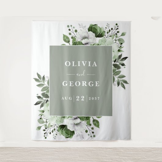 Sage Green Waterカラーフローラフォトブース背景 タペストリー (正面)