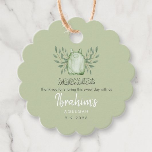 Sage Green Watercolor Baby Boy Aqeeqah フェイバータグ (正面)