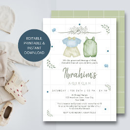 Sage Green Watercolor Baby Boy Aqeeqah Invitation 招待状