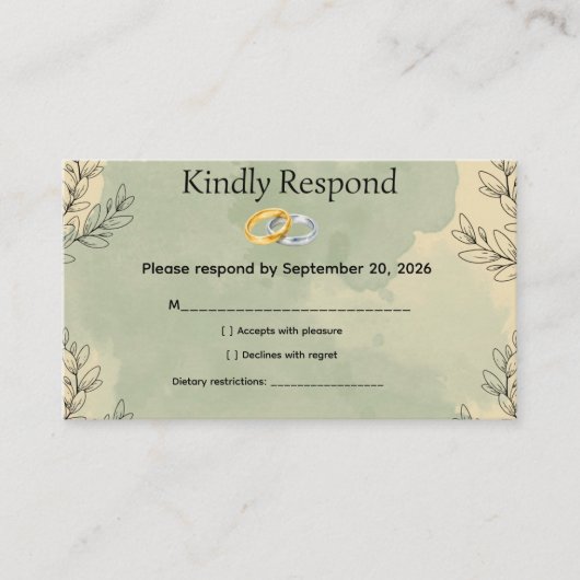 Sage Green Watercolor Botanical Wedding RSVP Card 名刺 (正面)