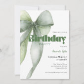 Sage Green Watercolor Bow Birthday  招待状 (正面)