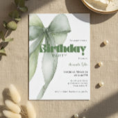 Sage Green Watercolor Bow Birthday  招待状