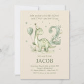 Sage Green Watercolor Dino 2nd Birthday  招待状 (正面)