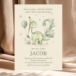 Sage Green Watercolor Dino 2nd Birthday  招待状
