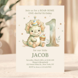 Sage Green Watercolor Dino First Birthday  招待状