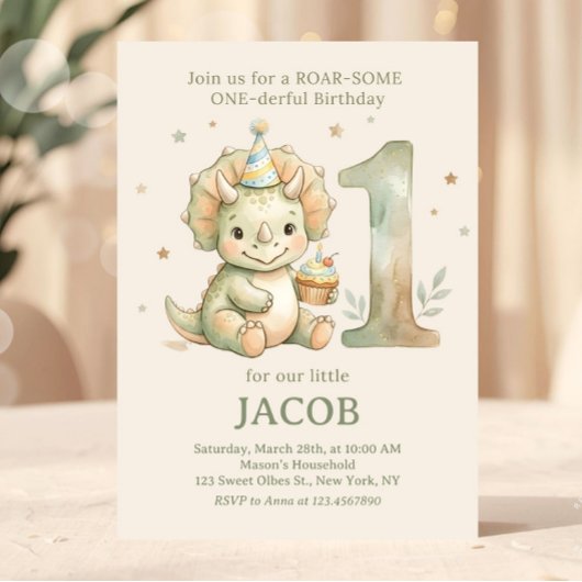 Sage Green Watercolor Dino First Birthday 招待状