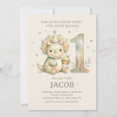 Sage Green Watercolor Dino First Birthday 招待状 (正面)