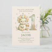 Sage Green Watercolor Dino First Birthday 招待状 (スタンド正面)