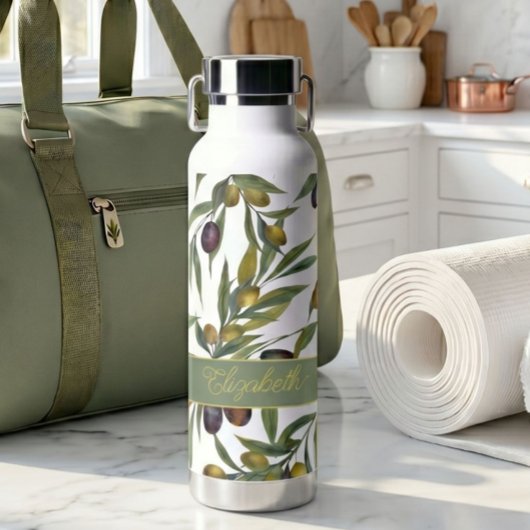 Sage Green Watercolor French Country Olive Pattern ウォーターボトル