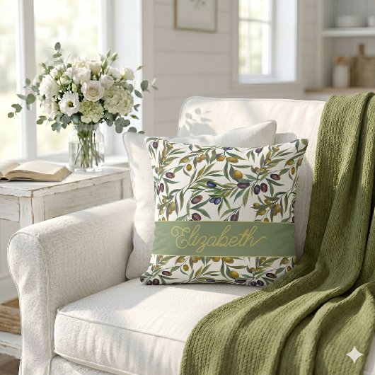 Sage Green Watercolor French Country Olive Pattern クッション