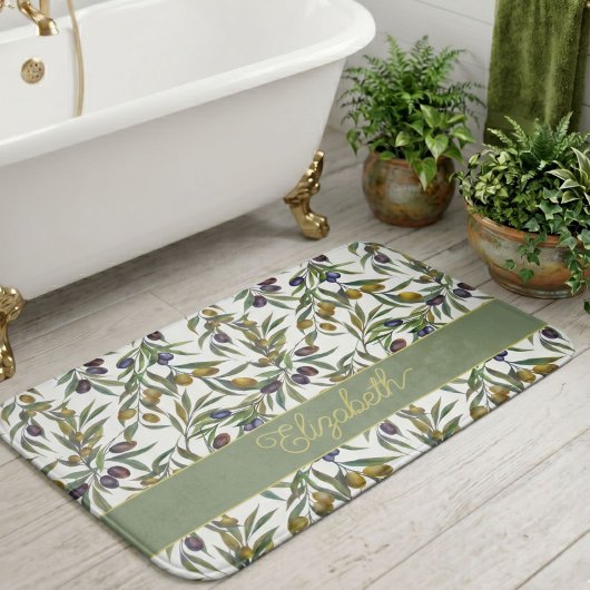 Sage Green Watercolor French Country Olive Pattern バスマット