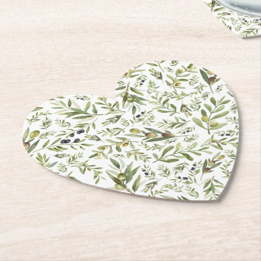 Sage Green Watercolor French Country Olive Pattern ペーパーコースター (アングル)