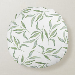 Sage Green Watercolor Leaves Botanical Pattern ラウンドクッション