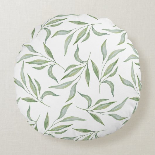 Sage Green Watercolor Leaves Botanical Pattern ラウンドクッション (正面)