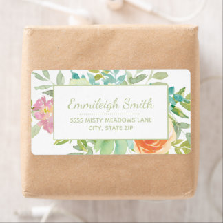 Sage Green Watercolor Leaves Pink Orange Floral ラベル