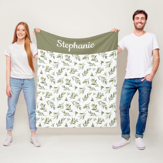 Sage Green Watercolor Olive Name フリースブランケット (インサイチュ)