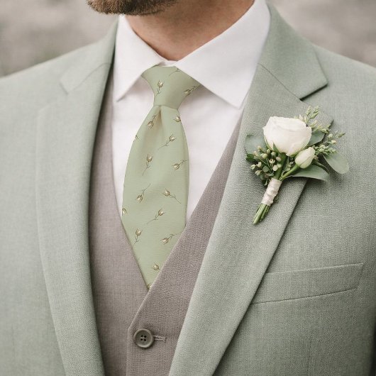 Sage Green Watercolor Rose Bud Tie ネクタイ