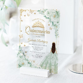 Sage Green Watercolor Roses Gold Quinceanera アクリル招待状