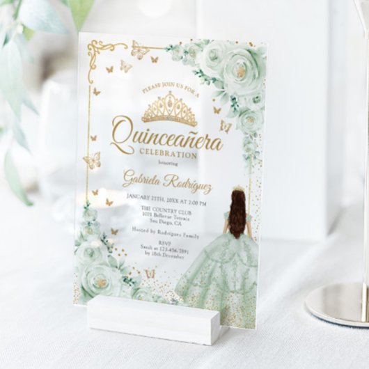Sage Green Watercolor Roses Gold Quinceanera アクリル招待状