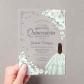 Sage Green Watercolor Roses Silver Quinceanera アクリル招待状 (インサイチュ (ポータブル))