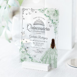 Sage Green Watercolor Roses Silver Quinceanera アクリル招待状