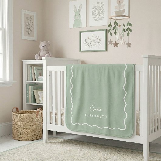 Sage Green Wavy Border Monogrammed シェルパブランケット