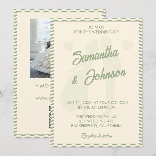 Sage Green Wavy Stripe QR Code Photo Wedding 招待状 (正面/裏面)