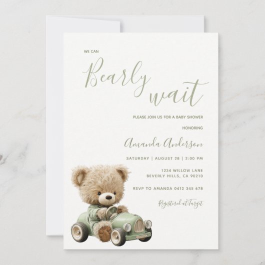 Sage Green We Can Bearly Wait Baby Shower 招待状 (正面)
