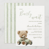 Sage Green We Can Bearly Wait Baby Shower 招待状 (正面/裏面)