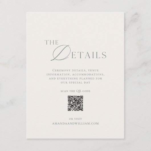 Sage Green Wedding Details Card with QR Code 招待状 (正面)