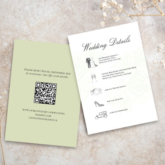 Sage Green Wedding Details QR Code Timeline エンクロージャーカード