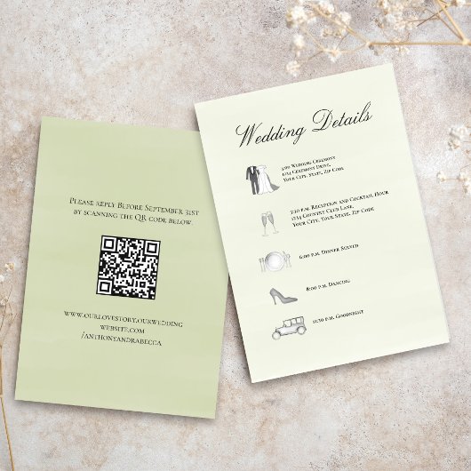 Sage Green Wedding Details QR Code Timeline Card エンクロージャーカード