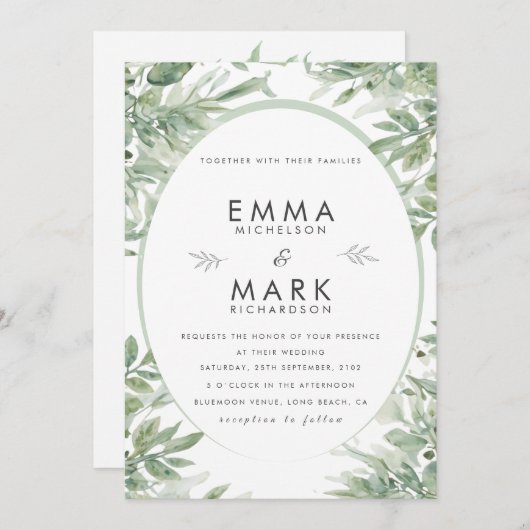 Sage Green Wedding Invitation | Elegant Botanical  招待状 (正面/裏面)