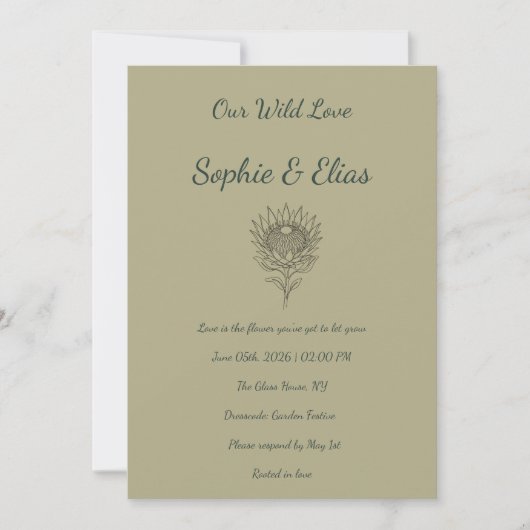 Sage Green Wedding Invitation Protea Botanical 招待状 (正面)