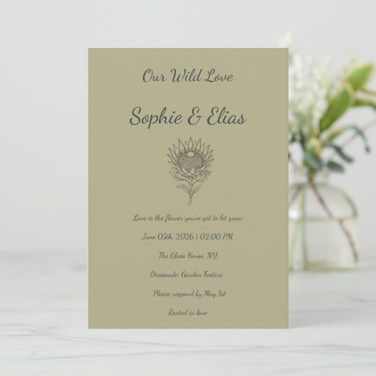 Sage Green Wedding Invitation Protea Botanical 招待状 (スタンド正面)