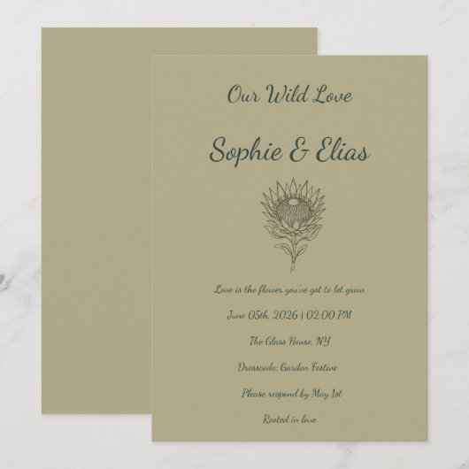 Sage Green Wedding Invitation Protea Botanical 招待状 (正面/裏面)
