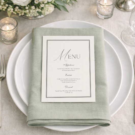 Sage Green Wedding Menu | Elegant Ivory Floral  招待状