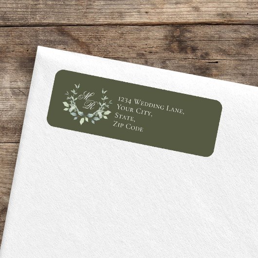 Sage Green Wedding Monogram Floral Script ラベル