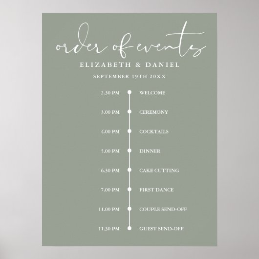 Sage Green Wedding Order Of Events Timeline Sign ポスター (正面)