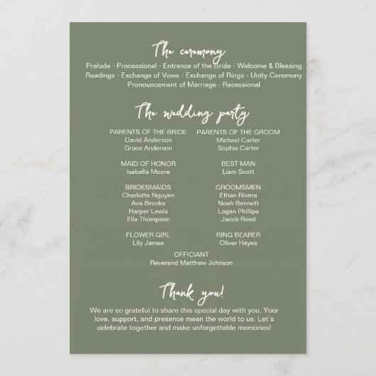 Sage Green Wedding Program Card Editable Template プログラム (裏面)