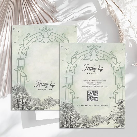 Sage Green Wedding RSVP Card with QR Code
