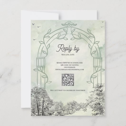 Sage Green Wedding RSVP Card with QR Code (裏面)