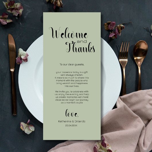 Sage Green Welcome & Thanks Place Setting Cards プログラム