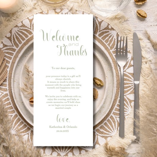 Sage Green Welcome & Thanks Place Setting Cards プログラム