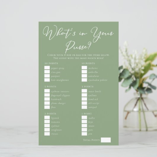 Sage Green What's in Your Purse Bridal Shower Game (スタンド正面)